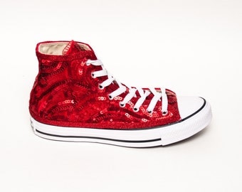 Sequin Hand Sparkled Red Canvas Converse Hi Top Sneakers