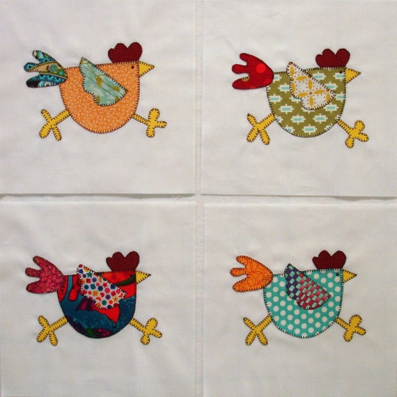 Funky Chicken Appliqued Quilt Blocks by zizzybob on Etsy