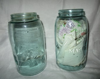 Mason Ball Jars Two Dark Aqua with Bubbles 1900's Antique Glass Canning Jars