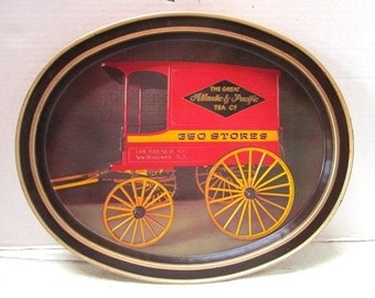 Vintage Metal Serving Tray, A&P Grocery, oval metal tray, Red Black, Antique Wagon, Advertising Premium, Grocer, Wagon Wheels