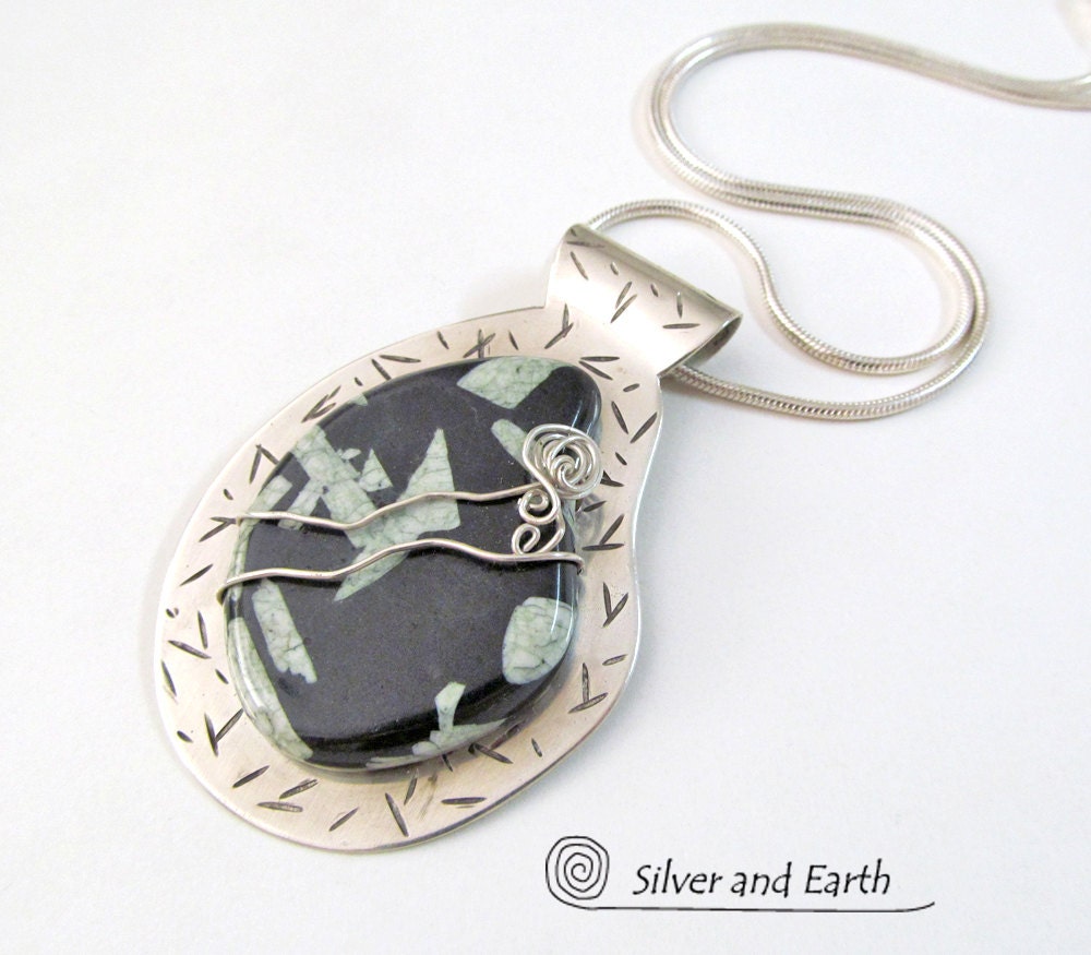 Chinese Writing Stone Necklace Handmade Sterling by SilverandEarth