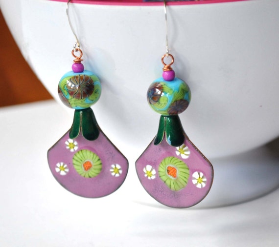 Pink Floral Earrings, Fan Shaped Earrings, Artisan Enamel Earrings, Lampwork Glass Earrings, Aqua Green Earrings, Boho Earrings