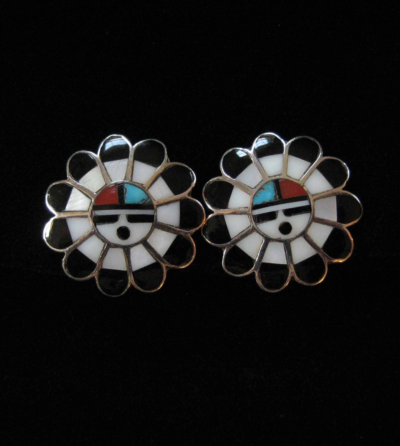 Zuni Sun Face Sterling Silver Clip On Earrings Inlaid Shell