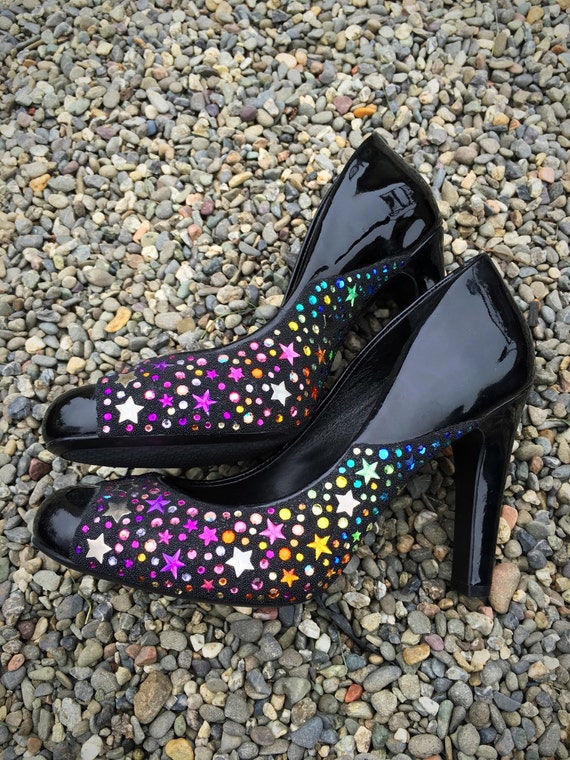 Items similar to Rainbow Brite Crystal Heels, Art Shoes, Beaded Shoes