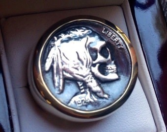 High Polish 14K Gold Buffalo / Indian Head Nickel Skeleton Skull Hobo Nickel Mans Mens Ring