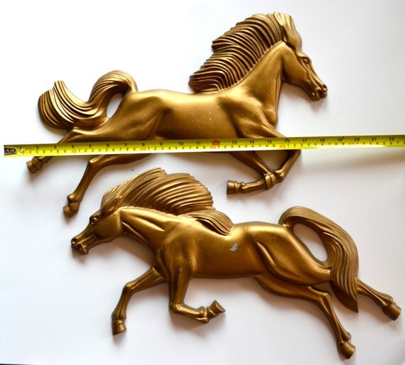 Vintage Larger Sized Cast Metal Gold Stallion Horses Wall Art