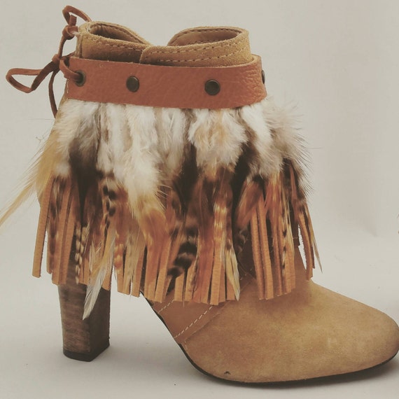 Items similar to Feather and leather fringe anklet boot cuff on Etsy