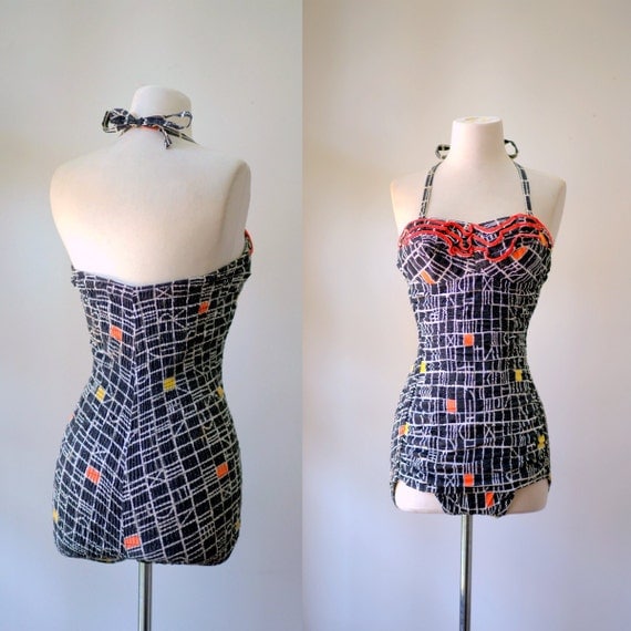 Vintage 1950s Bathing Suit One Piece Mid Century Womens