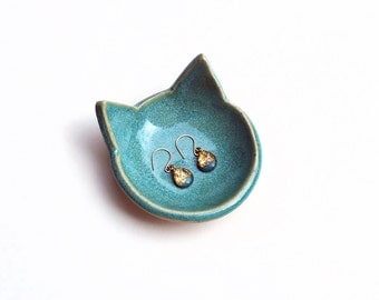 Turquoise Cat Ring Dish - Ceramic, Pottery - Aqua Cat - Tea Bag Rest, Jewelry Dish, Ring Holder, Cat Dish - Gifts for Cat Lovers