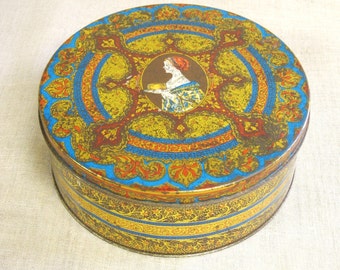 Vintage Cookie Tin, Biscuit, Hostess, Fruit Cake, Metal Canister, Storage, Organization, Round Metal Box, Containers,Food Storage,Sewing Box