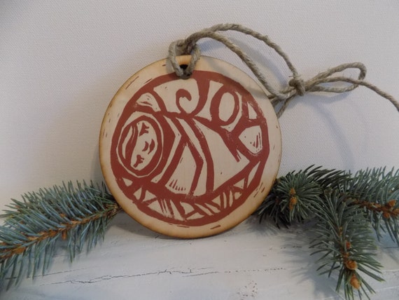Joy - Baby Jesus Christmas Ornament - linocut relief print on wood