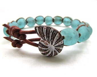 Ocean blue green wrap bracelet - Beachcomber - Boho beach jewelry handmade glass beads leather sea glass starfish seashell chunky bracelet