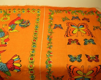 Vintage Tea Towel Fabric, Orange Cotton, Butterflies, Roosters, Cardinal
