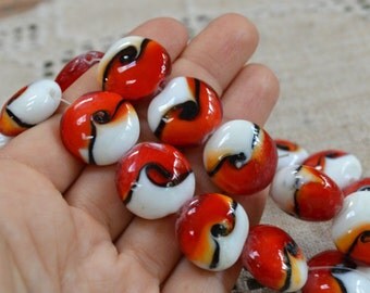 20pcs 20mm Lampworked Glass Beads Red Black White Swirls Flat Coin Round 16in
