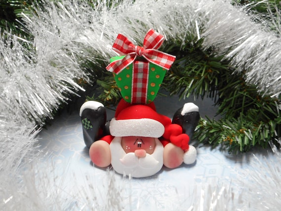 FREE SHIPPING Polymer Clay Santa Claus with a Green Present