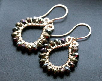 Beaded dangle earrings, teardrop, metallic Czech glass beads, wire wrapped, 14k gold filled, multi-colored, bronze, Mimi Michele Jewelry