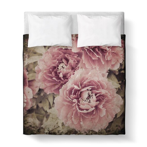 Duvet Cover/ Antiqued Peony / Pink and Green Floral / Bedding/