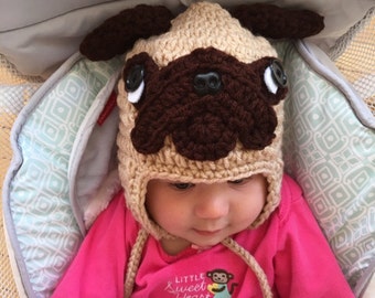 Pug Hat, crochet pug, dog hat, crochet pug hat, costume alternative