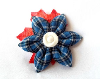 Royal Blue Plaid Hair Flower with Red Maple Leaf Kanzashi Barrette
