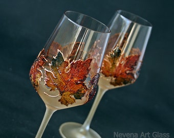 Maple Leaves Glasses, Autumn Leaves Glasses, Fall Wedding Glasses, Hand Painted, Set of 2
