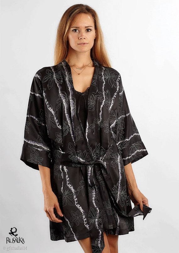 Black Printed Silk robe.Ready to ship Limited by RusalkaLingerie