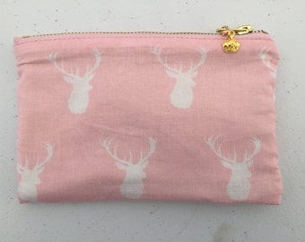 Pink and Off White reindeer Print Small Zipper Pouch with Crown Charm, Cosmetic Bag, Gadget Bag with Heart Warming Quote Inside