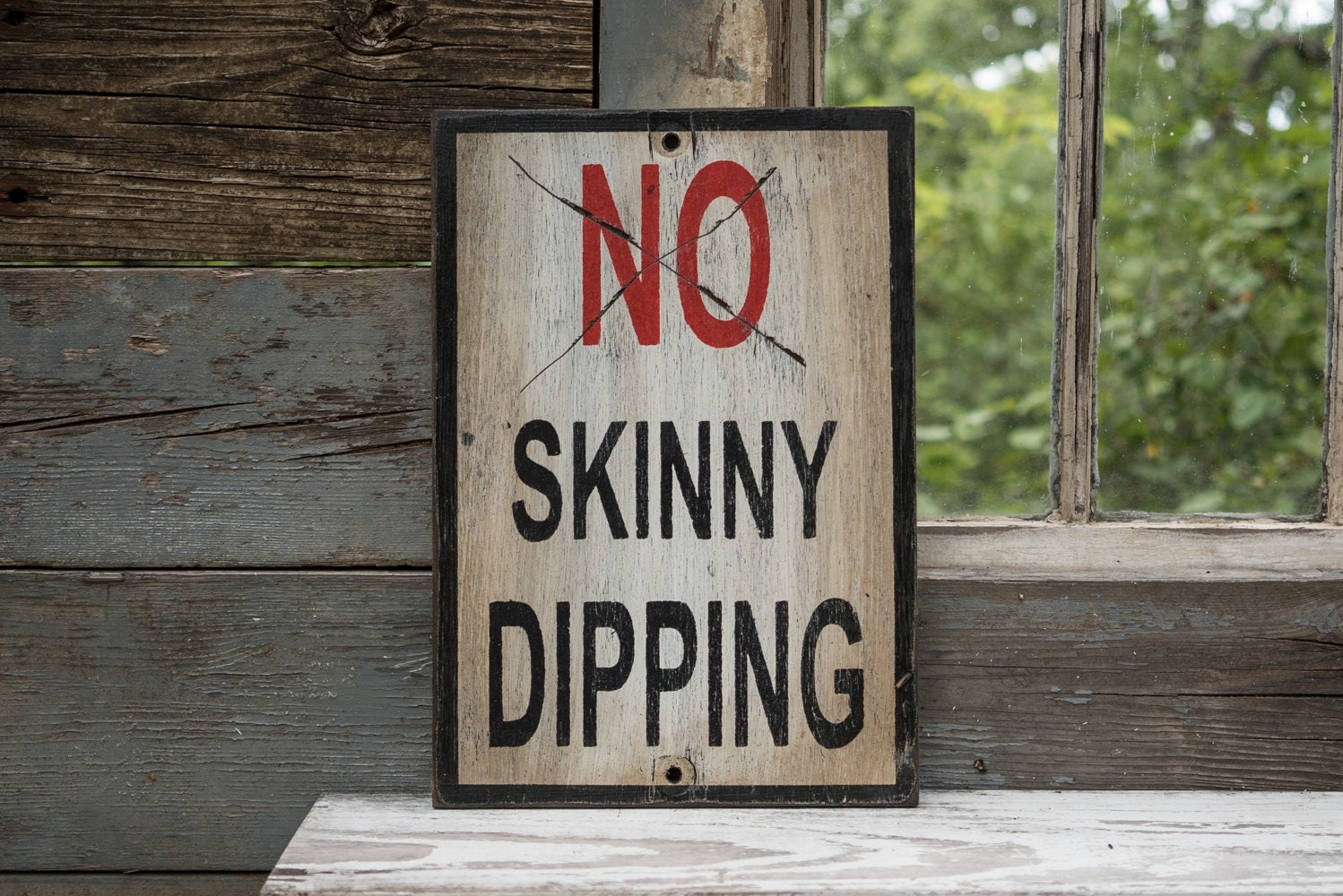 No skinny dipping rustic wood humorous pool sign funny patio