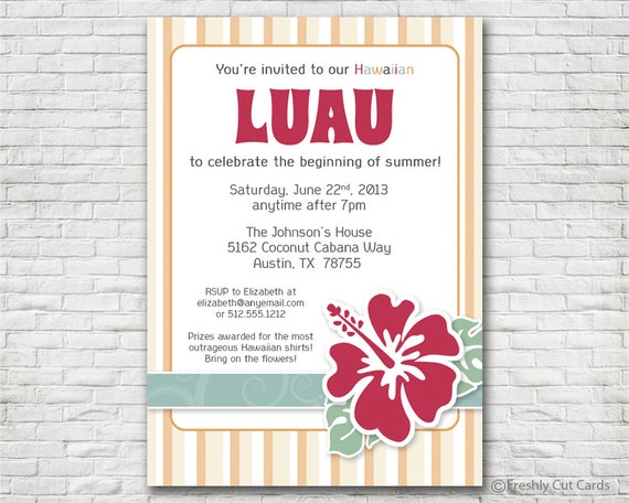 Hibiscus Luau Printable Invitation - Printable or Printed (w/ FREE Envelopes) Il_570xn
