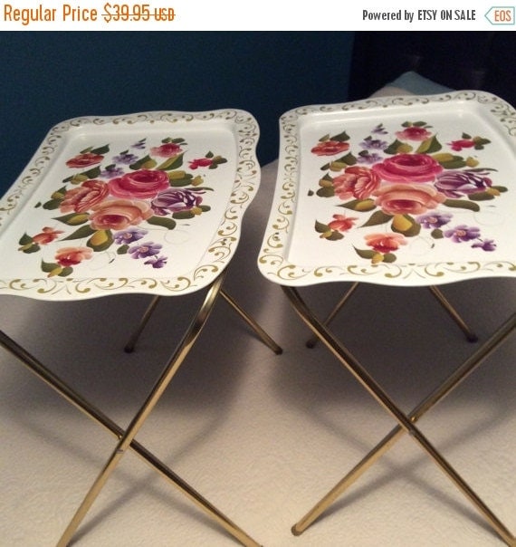PRE HOLIDAY SALE 2 Vintage Floral Tv Trays Hand Painted Folding Metal