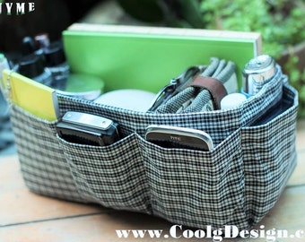 Purse organizer insert multi-pocket for handbag black white plaid Large 25x10 cm