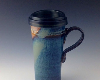 Ceramic Travel mug / Commuter mug with silicone lid - Blue / Brown