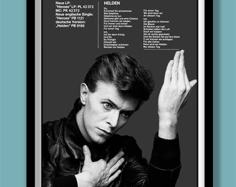 David Bowie Poster. HEROES German promo poster. A2 size. Bowie wall art . Rock promo. Album promo. Song lyric poster. Vintage Bowie poster