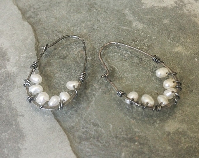 Silver Pearl Hoop Earrings, Pearl Hoop Earrings, Pearl Hoops, Pearl Earrings, Silver Hoops, Silver Earrings