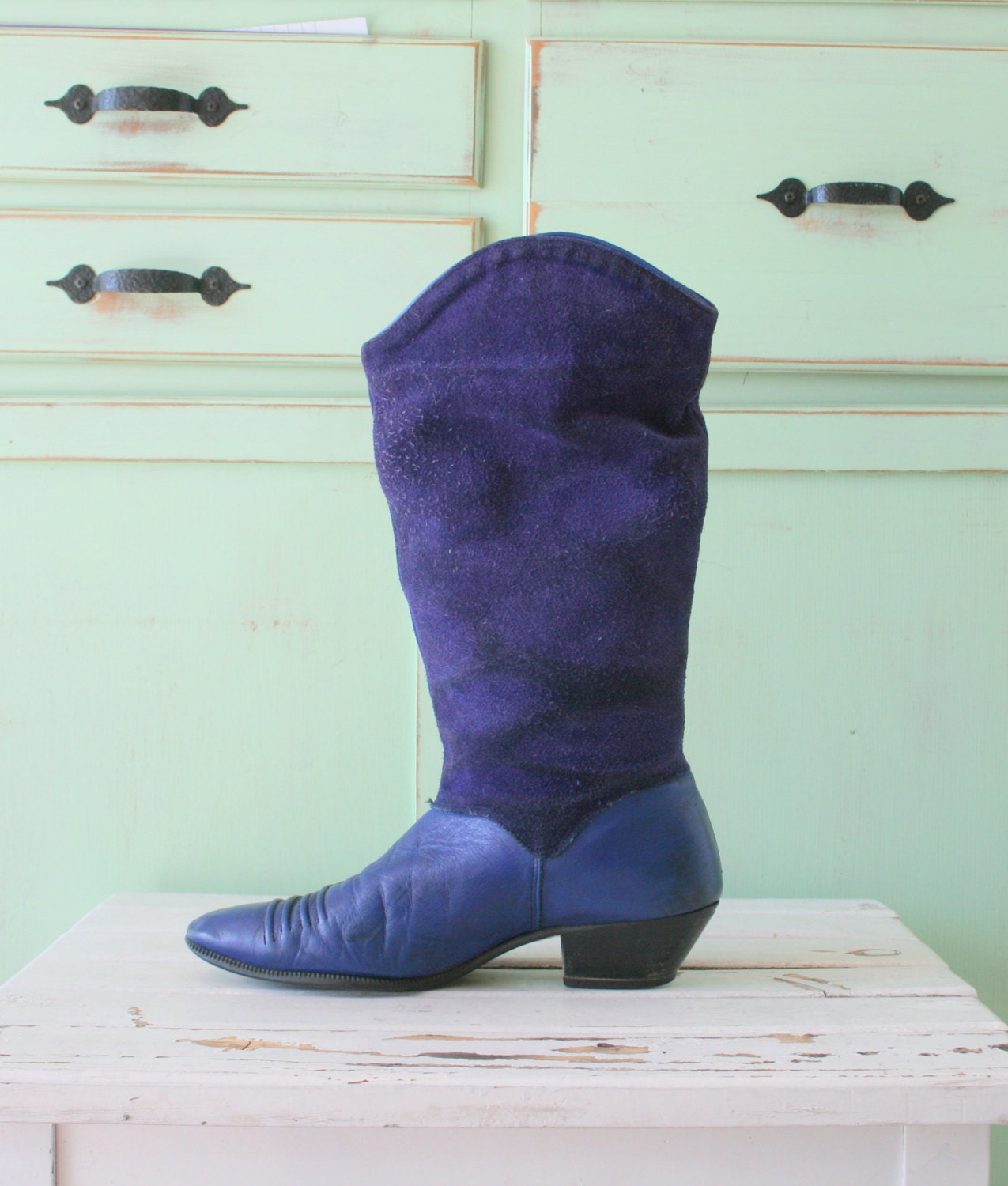 knee high blue suede boots