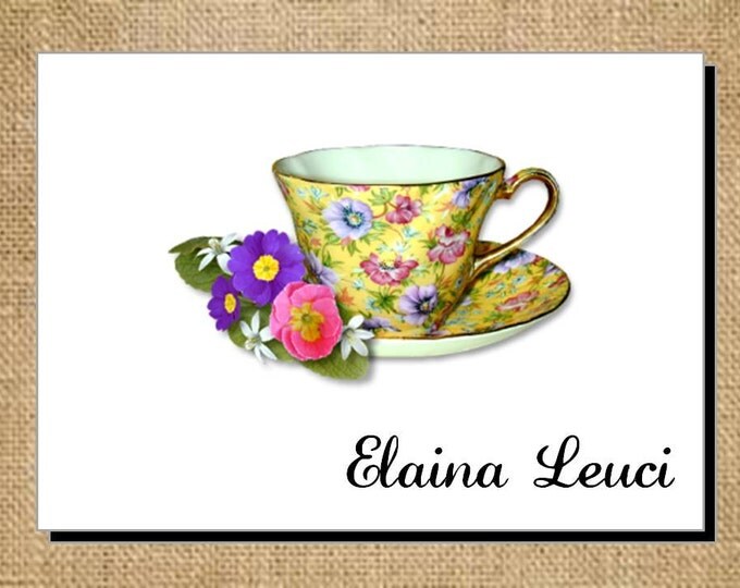 Beautiful Personalized Yellow Pink Chintz Teacup Tea Note Cards - Invitations - Thank You Cards for Bridal Shower or Luncheon ~ Bridal Gift