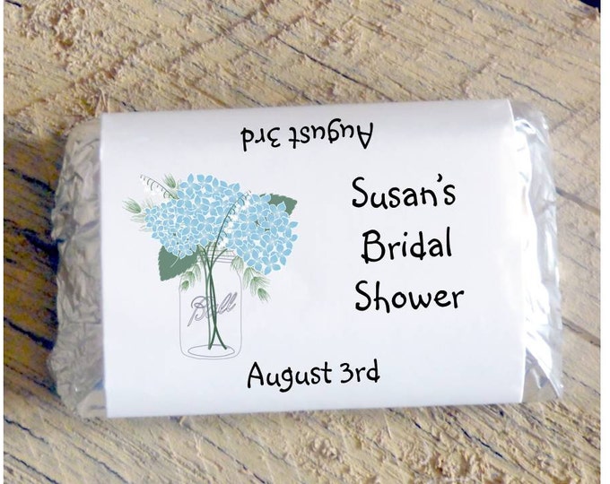 Blue Hydrangea Bridal Shower Wedding Candy Bar Wrappers Rehearsal Dinner Favors Candy Wrappers
