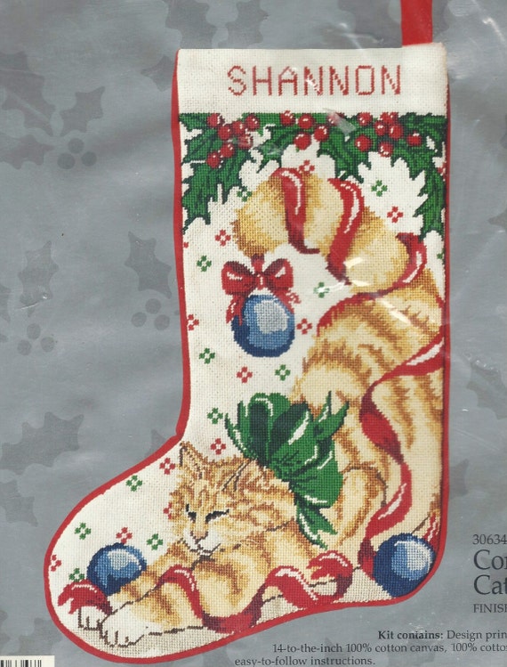 90s Christmas Needlepoint Stocking Kit Contented Cat Candamar