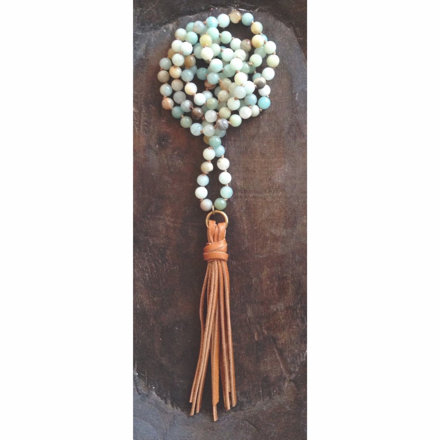 Long Beaded Necklace Hand Knotted Amazonite Beads with