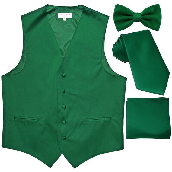 Men's Solid Emerald Green Polyester Vest with Self Tie