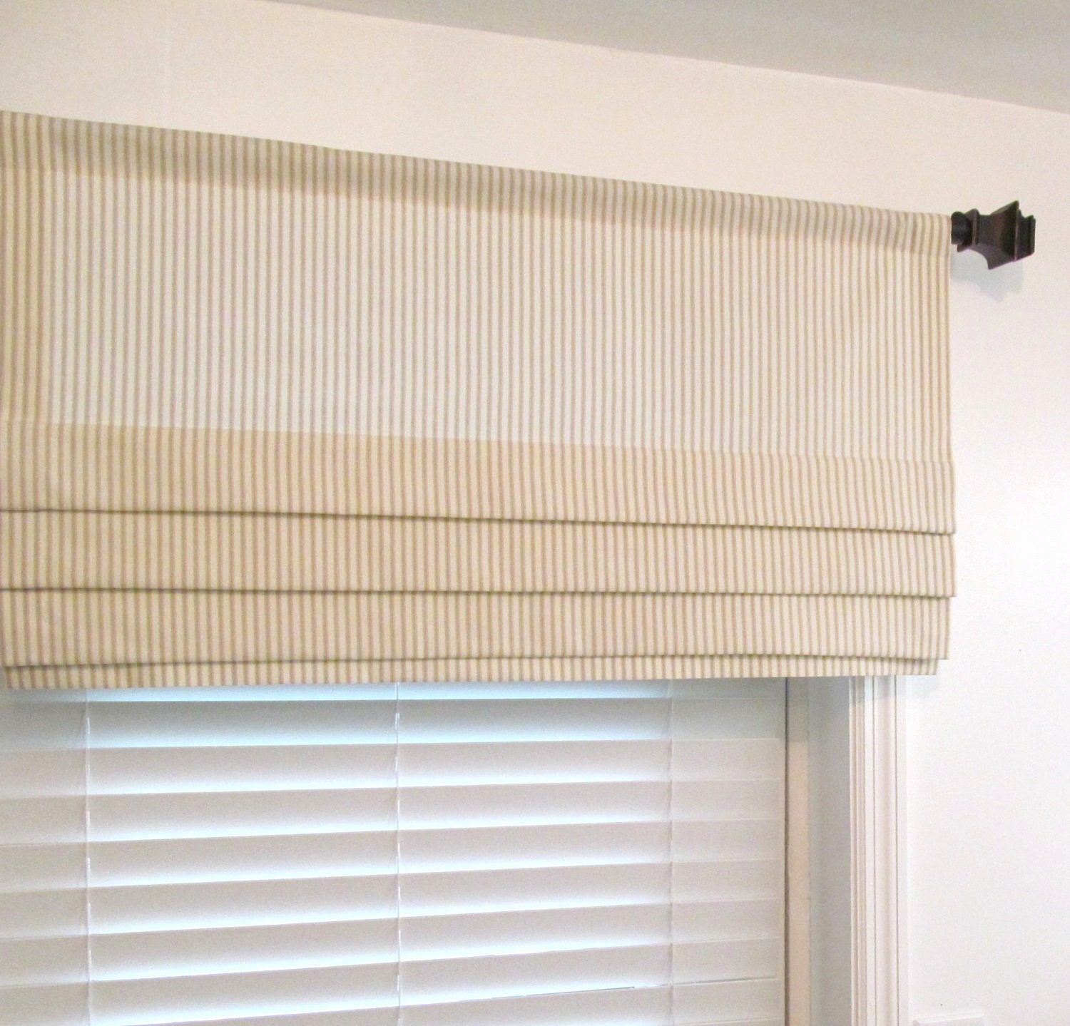 Faux Roman Shade Tan/Ivory Ticking Stripe Lined Mock Valance