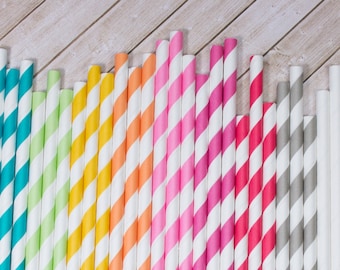 100 Extra Long vintage barber stripe drinking straws You Choose Color - with FREE Blank Flag Template - see also "Personalized" Flags