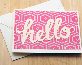 SALE-Hello Greeting Cards-Pink // Set of 5 // Blank Cards // Geometric Pattern // Thinking of You // Just Because // Love Note