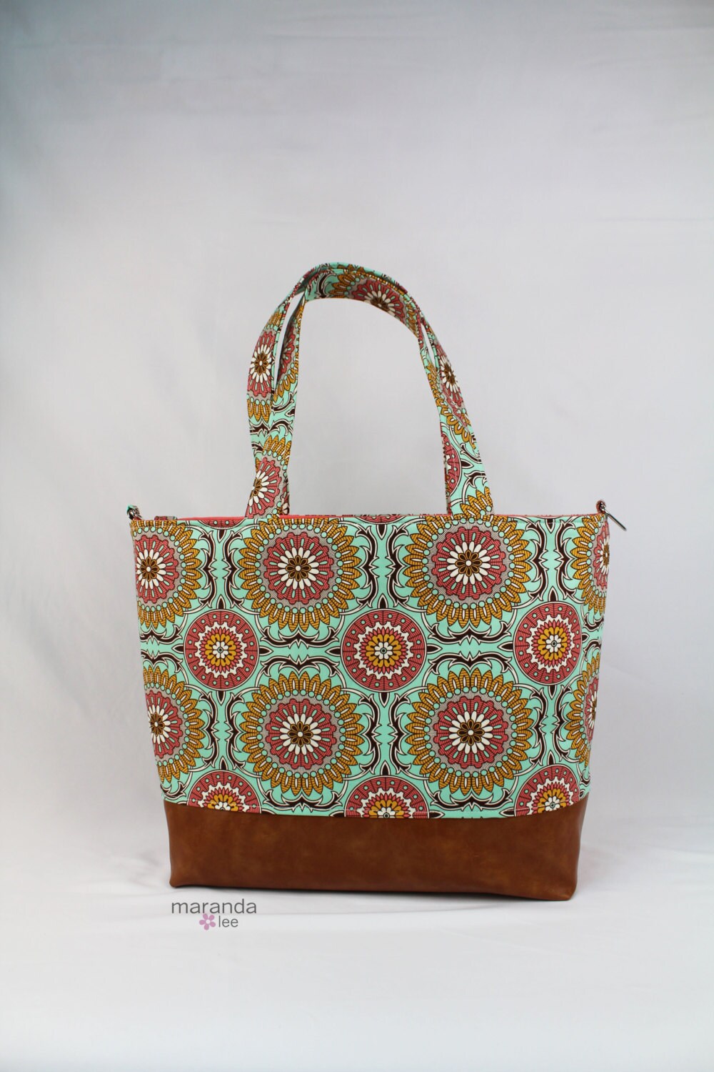 Extra Large Lulu Tote Diaper Bag Mint Doilly and PU by marandalee