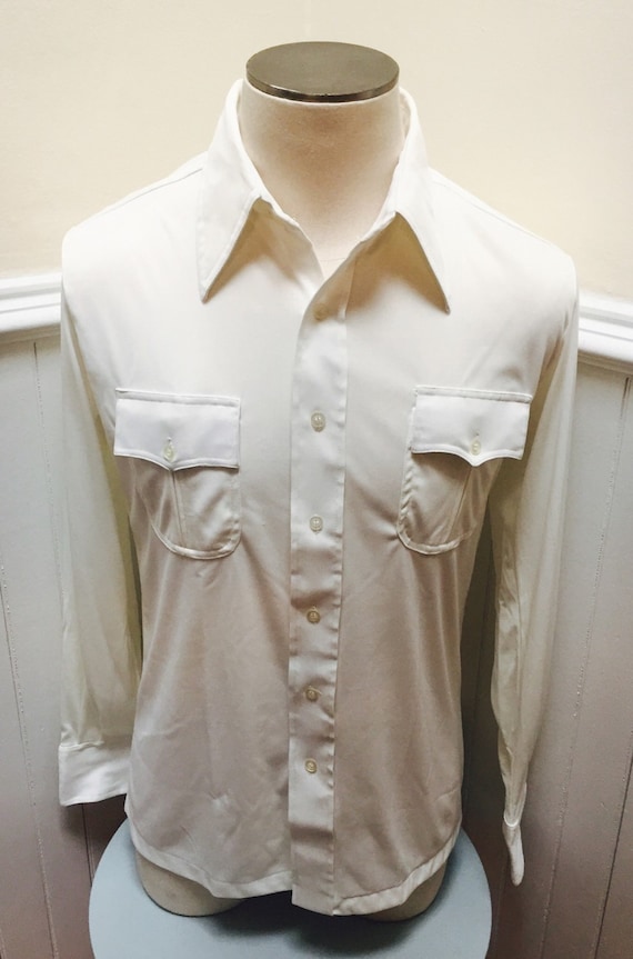 Vintage 1970s White Long Sleeve Polyester Button Down Shirt L