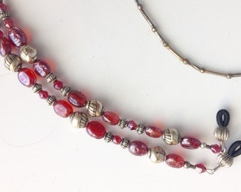 Red Glass Beads and Silver Beads, Eyeglass Holder/Leash/Chain.