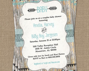 Tribal Baby shower Invitation, wood background aqua and black, Digital, Printable file