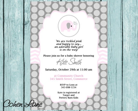 Printable Pink Elephant Polka Dot and Chevron Baby Shower Invitation. Customized Shower Invitation. Cute Pink Elephant Birthday Invitation. Il_570xn