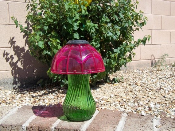 Solar Garden Mushroom Light Repurposed Pink and Green Solar