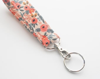 Handmade Floral Keychain, Key Fob, Wristlet Lanyard, Fabric Wristlet, Coral and Sage