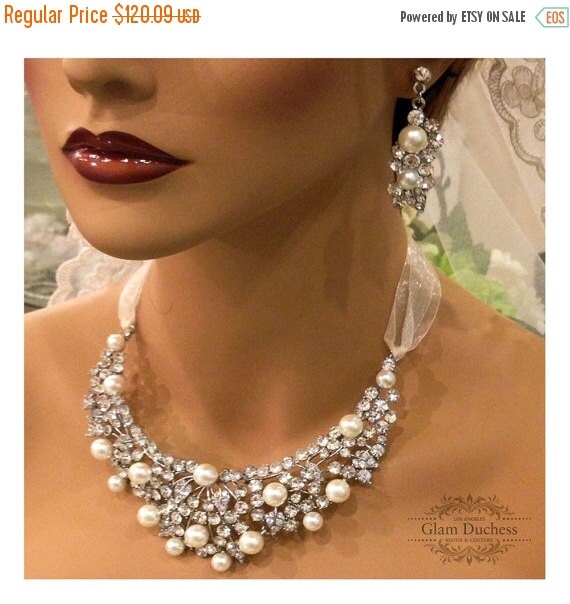 bridal statement, wedding jewelry, Bridal bib necklace earrings, pearl